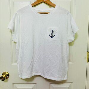 CYNTHIA ROWLEY BEADED ANCHOR PRINT SHORT SLEEVE CREW NECK T-SHIRT 100% COTTON